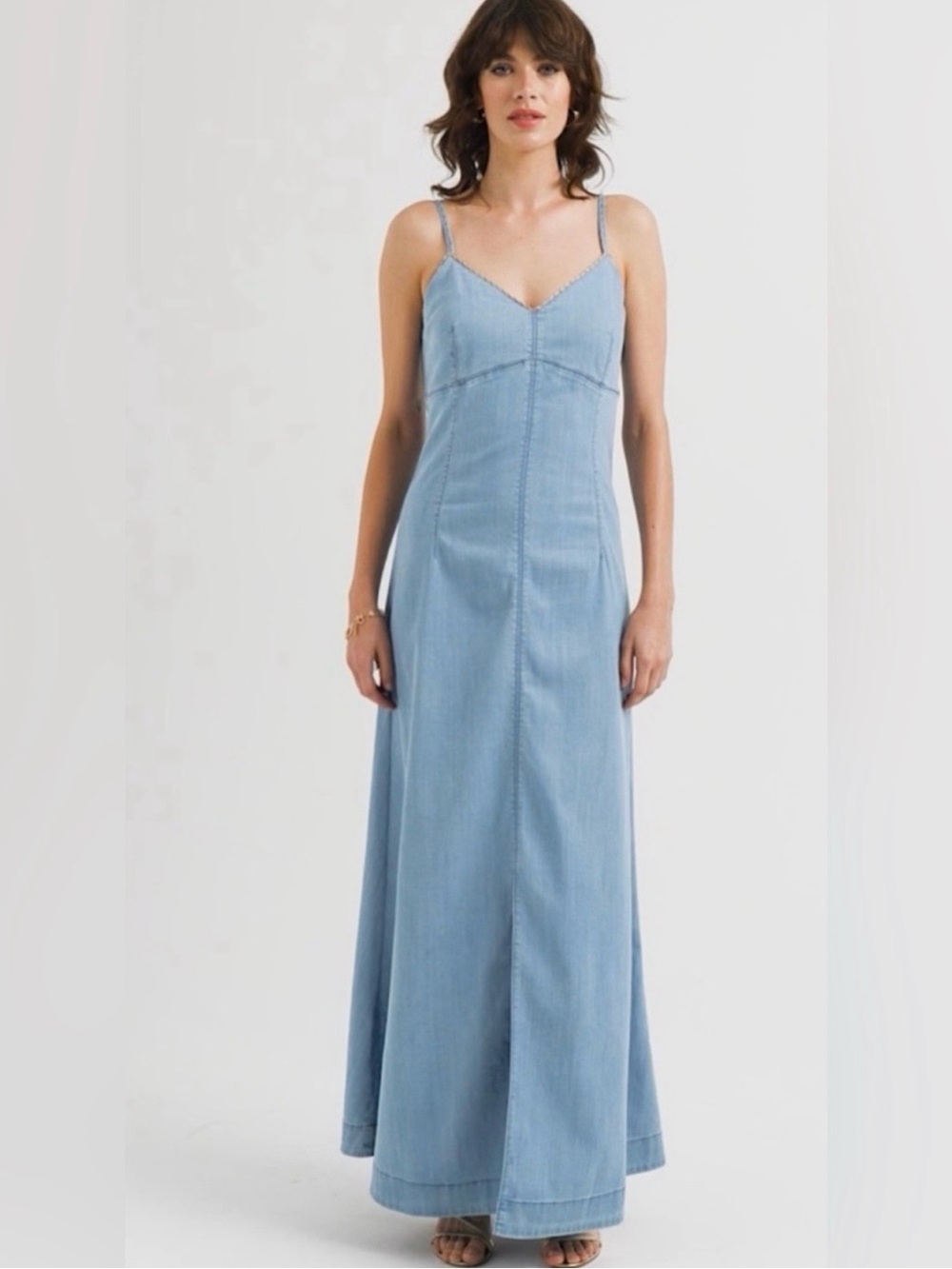 White House Black Market Light Blue Maxi Slip Dress W/ Chain Detail Western Boho